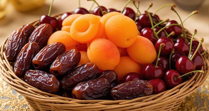 Basket of fresh dates apricots and cherries for Ramadan breaking fast
