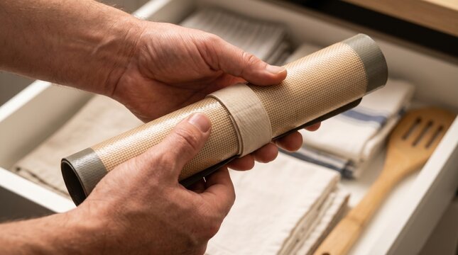 Hands rolling up a reusable silicone baking mat and securing it with a band