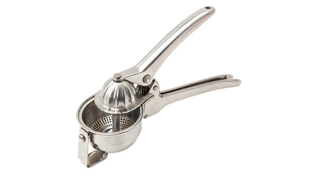Stainless steel manual citrus juice squeezer tool isolated on transparent background