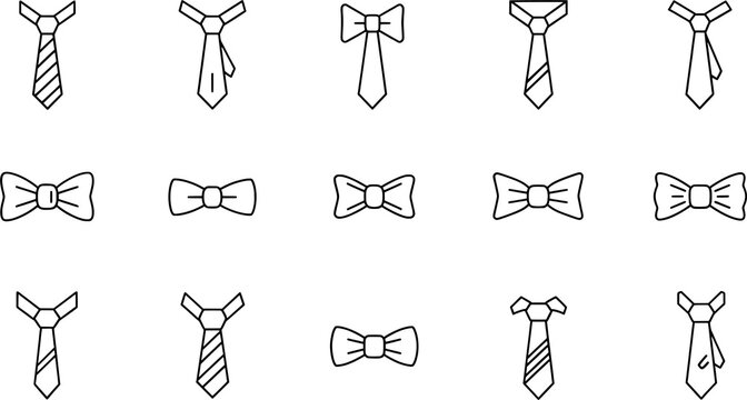Necktie and bow tie silhouettes collection, formal fashion icons, clothing illustration, style design, minimalist black vector artwork
