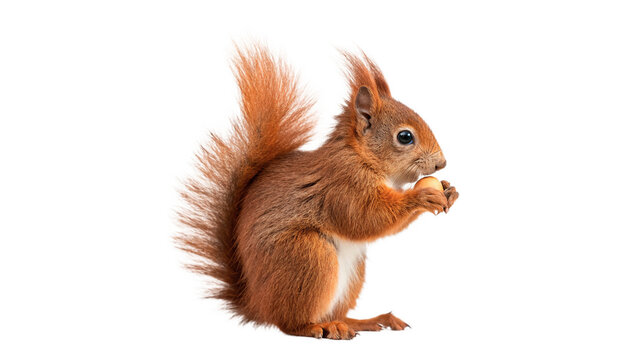 Fluffy orange squirrel sitting and looking forward isolated on transparent background