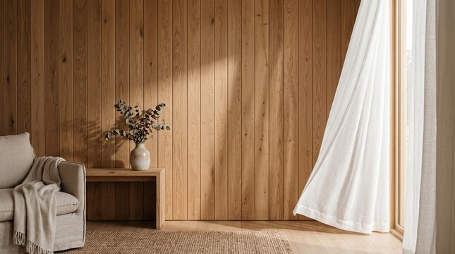 Beige armchair with a vase of dried eucalyptus leaves indoors