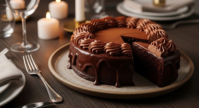Decadent rich chocolate cake with glossy ganache and piped frosting