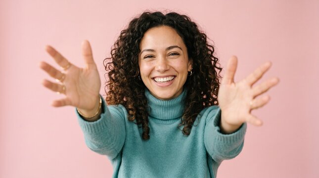 Happy woman with curly hair reaches out for a warm hug