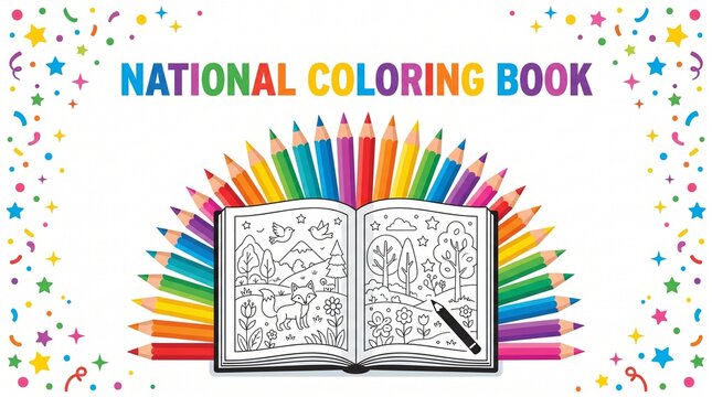 Open coloring book featuring vibrant rainbow colored wooden pencils around it