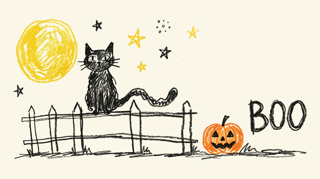 A hand-drawn crayon-style illustration features a black cat perched on a fence beneath a yellow moon, alongside a starry sky, a carved pumpkin, and the word "BOO"