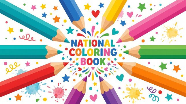 Vibrant colorful pencils surrounding a national coloring book text design