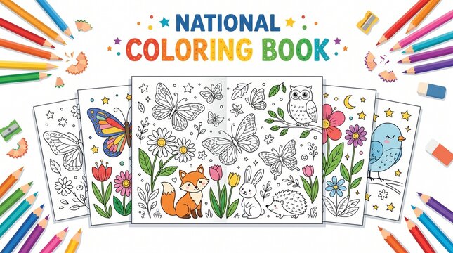 Open coloring book pages featuring cute animals and floral line art
