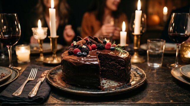 Rich chocolate cake topped with fresh berries and gold leaf
