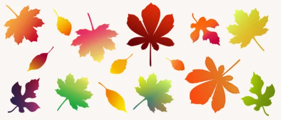 A set of autumn leaves on a light background with a colorful dotted texture. Vibrant autumn leaves rendered in yellow, orange, green, red, and pink autumn tones. Gradients and halftones. Vector. © Riva