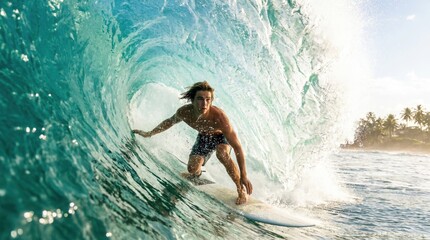 Obraz premium caucasian man surfing inside large blue barrel wave. extreme water sports action, summer ocean adventure, tropical beach vacation. active lifestyle, skill. banner, website header.