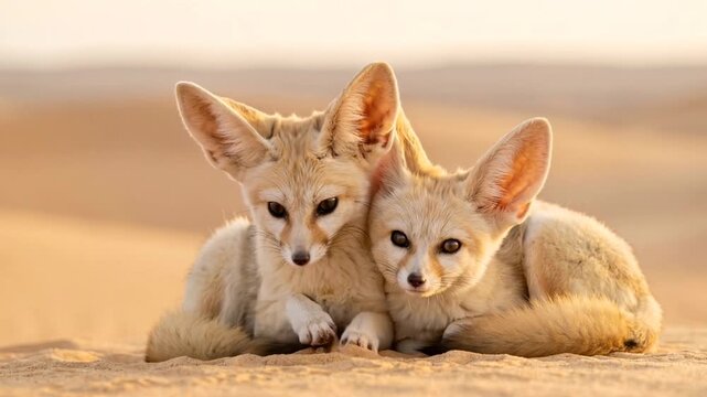 two fennec fox close up in sahara desert morning light video