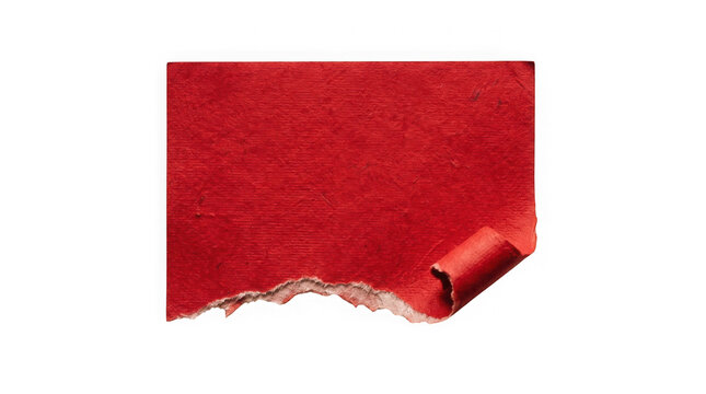 A single piece of torn red paper with a curled corner isolated on transparent background