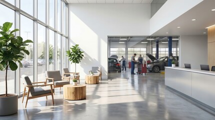 modern car dealership interior with waiting area and plants. glass wall showing auto repair shop with mechanics working on vehicles. banner, website header with copyspace.