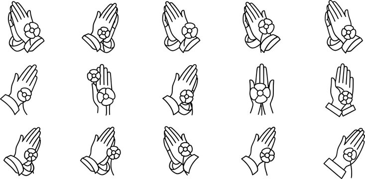 Praying hands icons collection, faith and spirituality silhouette, religious gesture with flower design, worship and peace concept, black vector set
