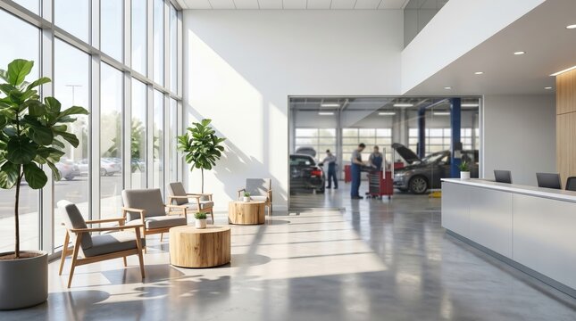 modern car dealership interior with waiting area and plants. glass wall showing auto repair shop with mechanics working on vehicles. banner, website header with copyspace.