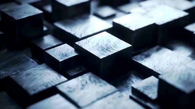 Abstract metallic cubes with textured surfaces create a modern, futuristic background.