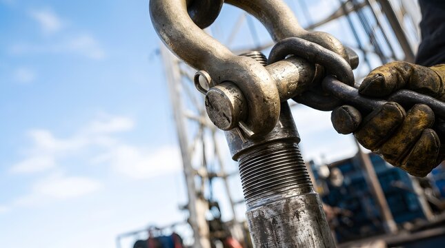 Rig Worker Gloved Hand Connecting Heavy Duty Lifting Shackle Pin On Industrial Oil Drilling Well Equipment