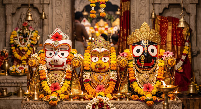 Jagannath Balabhadra and Subhadra deity trio in ornate temple with brass lamps and bells
