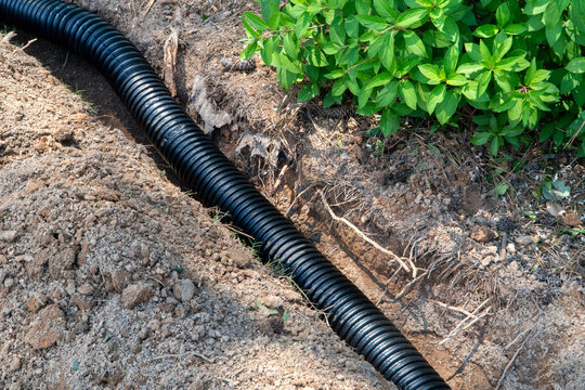 Installing a black corrugated flexible drainage pipe in an excavated trench, surrounded by disturbed soil, exposed roots, and lush green plants, ready for efficient storm water management.