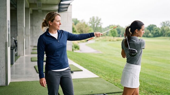 Female golf instructor correcting student's swing at driving range