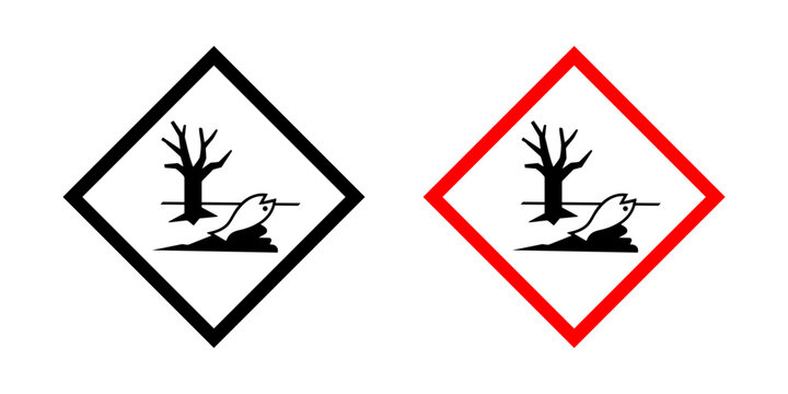 GHS environmental hazard pictogram with dead tree and fish symbol. Safety label for aquatic toxicity, environmental protection, chemical safety and ecotoxicity
