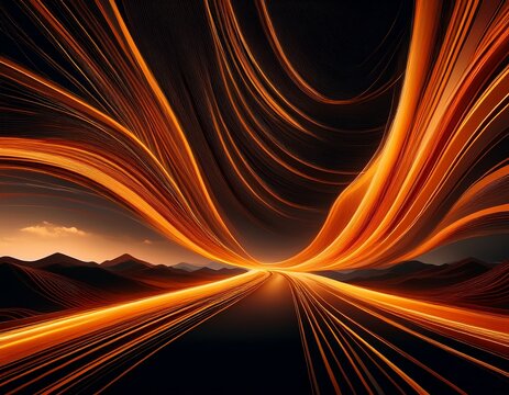 orange light trails abstractly flow over a wavy black landscape background