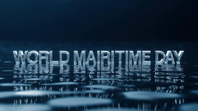 World Maritime Day 3D text animation over a dark, rippling water surface