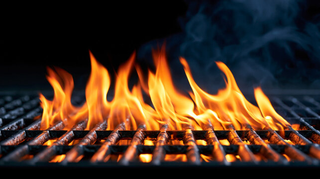 Bright orange fire flames dance over a dark iron outdoor cooking grill in the evening while smoke swirls upward into the air during a preparation for delicious barbecue dinner