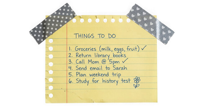Handwritten todo list on a yellow sticky note with decorative tape isolated on transparent background