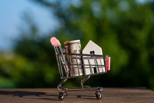 Shopping cart with white house model and dollar banknote for real estate concept. Miniature shopping trolley holding dollar bill and small house model stands outdoors on blurry green background
