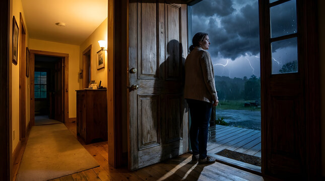 Silhouette of a man standing in an open doorway