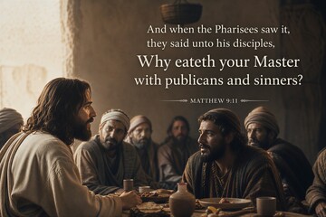 Obraz premium Jesus' Compassion: Matthew 9:11 Bible Verse on Fellowship with Publicans and Sinners, Displayed with Elegant Typography.