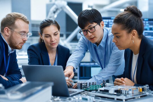 Diverse Engineers Collaborating on Manufacturing Project in Research Facility, Analyzing Data with Laptops and Brainstorming Advanced Inventions.