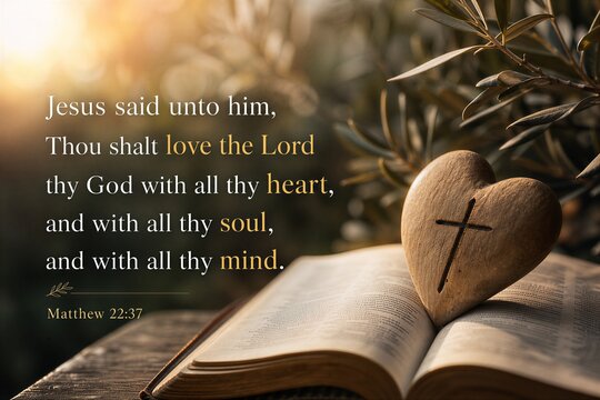 Matthew 22:37 Bible Verse: Jesus' Commandment to Love God with Heart, Soul, and Mind, Featuring Elegant Typography.