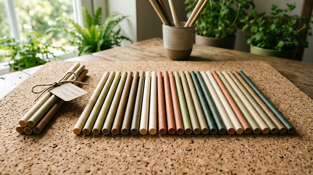 Arranged biodegradable cornstarch straws in natural earthy tones on a textured surface with green plants