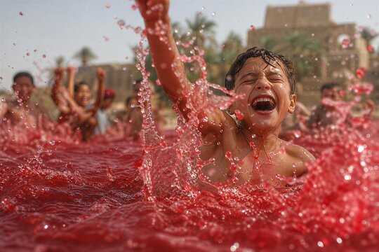 Vibrant Nile River Transformed to Blood in Egypt, a Dynamic Biblical Phenomenon with Intense Motion Blur.