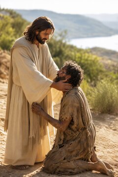 Jesus Touching Kneeling Leper on Hillside Path, a Compassionate Biblical Healing Miracle.