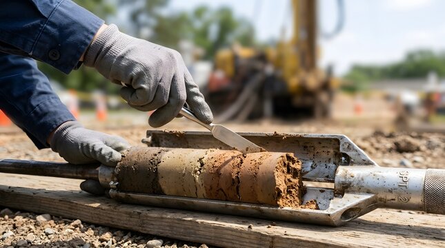 Geotechnical engineer testing soil core sample with a spatula at a construction drilling site