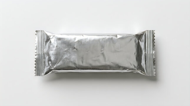 Blank silver metallic snack bar wrapper top view with packaging, metallic