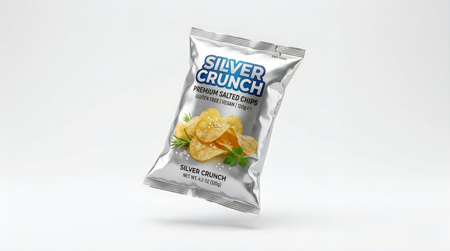 Silver snack pouch floating mockup with potato chips packaging floating