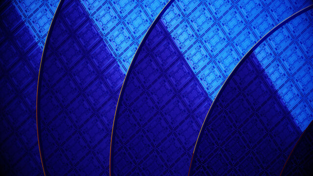 Close up of iridescent semiconductor wafers in deep blue tones as a dramatic 3D render ideal for technology AI chip manufacturing or corporate visuals