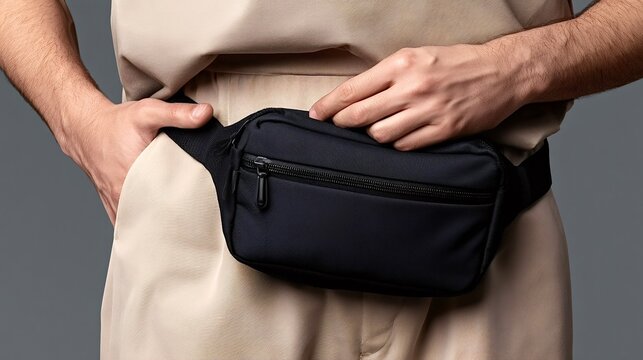 Man wearing black fanny pack street fashion accessory