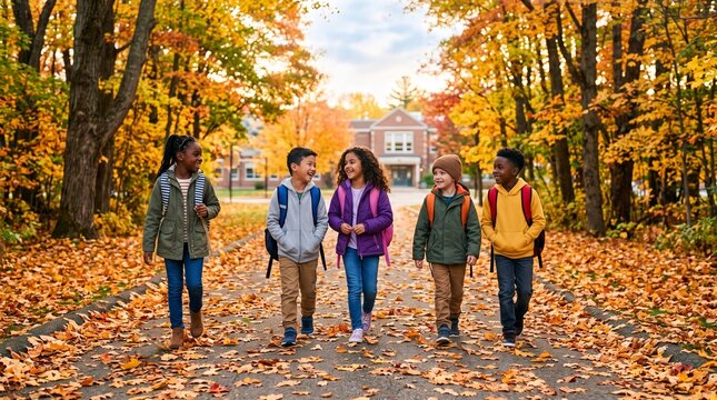 Diverse group of school children walking down autumn path