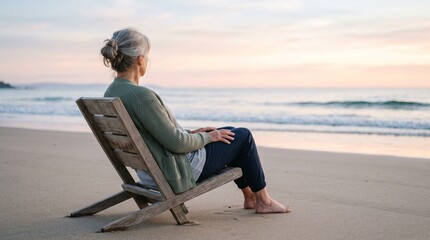 Fototapeta premium Senior woman sitting on wooden chair on beach looking at ocean sunset