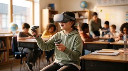 Fototapeta premium Diverse girl using virtual reality headset in classroom
