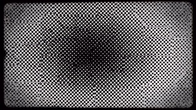A monochrome abstract background featuring a halftone dot pattern with distressed film grain effect.
