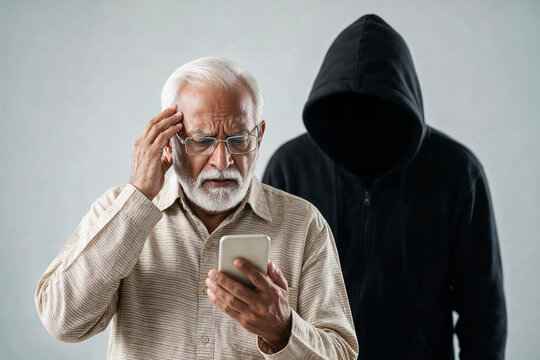 Worried senior man viewing a smartphone while an anonymous hooded hacker stands behind him, concept of cybercrime and online fraud.