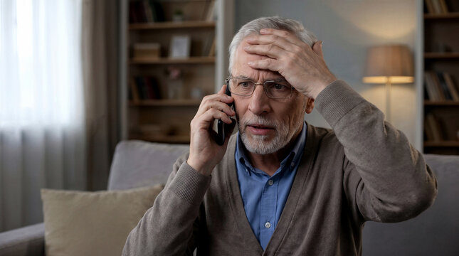 Worried senior man reacting to a suspicious phone call at home, concept of telephone scam, financial fraud and emotional stress.
