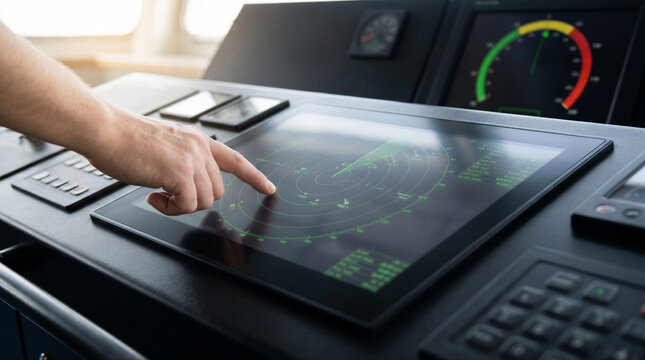 Hand operating a digital marine radar touchscreen for ship navigation, vessel tracking and maritime safety on a modern bridge control console.